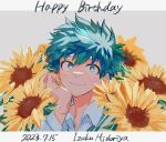  1boy blue_shirt boku_no_hero_academia bright_pupils character_name closed_mouth collared_shirt commentary_request dated flower freckles green_eyes green_hair grey_background hair_between_eyes hand_up happy_birthday highres letterboxed long_sleeves looking_at_viewer male_focus midoriya_izuku mizore_(mizoredama_0377) shirt short_hair simple_background smile solo sunflower upper_body white_pupils wing_collar yellow_flower 