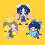  3girls airborne animal_ears bear_ears black_hair blue_eyes blush braid brown_eyes brown_footwear cat_ears chibi haewon_(nmixx) hair_behind_ear heart highres k-pop kyujin_(nmixx) long_hair looking_at_viewer multiple_girls nmixx o_bianyi_didi_shu_o one_eye_closed pleated_skirt pom_pom_(cheerleading) rabbit_ears real_life shoes skirt smile sneakers star_(symbol) straight-on twin_braids white_footwear yellow_background 