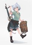 1girl absurdres animal_ears assault_rifle backpack bag black_jacket boots cat_ears cat_girl cat_tail clothes_around_waist dog_tail fang flashlight gun highres holding holding_weapon jacket m16 m16a1 military okapi_(yomaigoto) orange_eyes original rifle shirt short_hair t-shirt tail weapon white_background white_hair