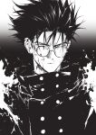  1boy blood blood_on_face closed_mouth glasses gradient_background greyscale highres jacket looking_at_viewer male_focus monochrome round_eyewear sakanaokashi short_hair solo spiky_hair trigun upper_body v-shaped_eyebrows vash_the_stampede 