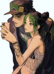  1boy 1girl arm_tattoo black_hair bracelet butterfly_tattoo earrings father_and_daughter green_hair hat highres jacket jewangchobab jewelry jojo_no_kimyou_na_bouken kujo_jolyne kujo_jotaro multicolored_hair ring see-through see-through_shirt selfie shoulder_tattoo star_tattoo stone_ocean tattoo 