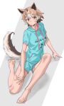  1girl animal_ears barefoot blue_shorts blue_sweater commentary dog_ears dog_girl dog_tail drawstring extra_ears feet full_body hair_between_eyes highres hood hood_down kemono_friends kemono_friends_3 legs light_brown_hair looking_at_viewer multicolored_hair new_guinea_highland_wild_dog_(kemono_friends) official_alternate_costume orange_eyes pink_shorts pink_sweater short_hair short_shorts short_sleeves shorts sidelocks soles solo sweater tail tanabe_(fueisei) toenails toes two-tone_hair two-tone_shirt two-tone_shorts white_hair 