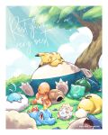  border bulbasaur charmander claws closed_eyes clouds commentary_request day grass highres kelvin-trainerk lying outdoors pikachu psyduck sky sleeping snorlax spheal squirtle swablu togepi totodile tree twitter_suername white_border 