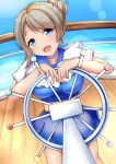  blue_eyes blue_sky boat brown_hair commentary_request earrings hair_bun highres idol jewelry kaudon love_live! ocean short_hair sky smile solo watanabe_you watercraft 