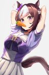  1girl animal_ears arms_behind_head arms_up bow braid breasts brown_hair carrot commentary_request ear_bow food_in_mouth french_braid hair_between_eyes highres horse_ears horse_girl horse_tail mashiro_(0428) medium_breasts multicolored_hair notice_lines pleated_skirt puffy_short_sleeves puffy_sleeves purple_bow purple_shirt shirt short_sleeves skirt solo special_week_(umamusume) streaked_hair tail umamusume violet_eyes white_hair white_skirt 
