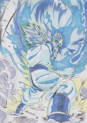  1boy absurdres blue_theme boots debris dougi dragon_ball dragon_ball_(classic) facing_away highres kamehameha_(dragon_ball) long_sleeves male_focus muscular rope short_hair smoke solo son_goku spiky_hair super_saiyan traditional_media victory_sakata 