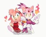  2girls amy_rose animal_ears animal_nose bare_shoulders blaze_the_cat blush bracelet breasts cat_ears cat_girl closed_mouth commentary dress eyelashes fire forehead_jewel fur-trimmed_sleeves fur_trim furry furry_female gem gloves gold_bracelet hairband hand_on_own_hip hand_up heart hedgehog_ears hedgehog_girl jacket jewelry long_sleeves looking_at_another looking_at_viewer medium_breasts multiple_girls open_mouth pants pink_fur purple_fur purple_jacket red_dress red_gemstone red_hairband simple_background sleeveless sleeveless_dress smile sonic_(series) standing sucho symbol-only_commentary teeth tongue topknot twitter_username watermark white_background white_gloves white_pants yellow_eyes 