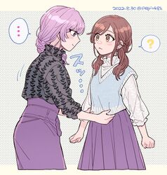  ... 2girls ? asahina_yui blue_eyes blush brown_hair clenched_hand dated dotted_background eye_contact highres kousaka_rei la_corda_d&#039;oro_starlight_orchestra long_sleeves looking_at_another multiple_girls peggy_(pixiv9540913) purple_hair purple_skirt see-through see-through_sleeves skirt smile speech_bubble spoken_ellipsis spoken_question_mark standing vest yuri 