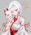  1girl commission earrings fox_mask grey_background hakama hakama_skirt highres holding holding_mask japanese_clothes jewelry long_hair mask miko original red_eyes red_hakama red_nails red_ribbon red_tassel ribbon skirt solo thank_you twitter_username white_hair wide_sleeves xsilentred 