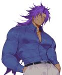  1boy belt bhima_(fate) blue_shirt collared_shirt dark-skinned_male dark_skin fate/grand_order fate_(series) hand_in_pocket long_hair looking_at_viewer muscular muscular_male pants pectorals purple_hair semi_(p-poco) shirt simple_background smile spiky_hair tight_clothes tight_shirt violet_eyes white_background 
