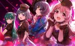  4girls absurdres akazaki_kokoro ayano_yuu_(sonma_1426) beret blue_eyes blue_shirt blush bob_cut breasts brown_gloves brown_headwear brown_shirt closed_mouth collarbone darkness_sympathizer_(idoly_pride) dot_nose earrings fingerless_gloves from_side gloves green_hair grey_hair hair_between_eyes half_updo hand_on_own_chin hat headwear_request heart_pendant highres idoly_pride igawa_aoi jewelry kanzaki_rio komiyama_ai liznoir long_bangs long_hair long_sleeves looking_at_viewer medium_breasts multiple_girls one_side_up open_mouth orange_eyes pink_eyes pink_hair puffy_long_sleeves puffy_sleeves raised_eyebrows shirt short_hair sidelocks small_breasts smile smirk straight_hair stud_earrings upper_body violet_eyes 