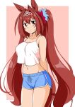  1girl animal_ears blue_shorts bow breasts brown_hair collarbone cowboy_shot daiwa_scarlet_(umamusume) hair_bow hair_intakes hair_ornament horse_ears horse_girl long_hair looking_at_viewer navel red_eyes shorts solo tiara twintails umamusume very_long_hair yamaki_anp 