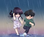  1boy 1girl absurdres artist_name black_hair black_pants dress gradient_background green_shirt highres holding_hands j_humbo komi-san_wa_komyushou_desu komi_shouko laughing long_hair open_mouth pants puddle rain running shirt short_hair smile splashing tadano_hitohito water_drop white_dress 