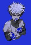  1boy blood blood_on_face blood_on_hands blue_background blue_blood commentary_request dlfjs4763003 greyscale_with_colored_background hunter_x_hunter killua_zoldyck korean_commentary layered_sleeves long_sleeves looking_at_viewer male_child male_focus shirt short_hair short_over_long_sleeves short_sleeves simple_background solo stylized_blood upper_body white_hair white_shirt 