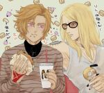  2boys arm_tattoo black_nails blonde_hair burger cigarette command_spell cup daybit_sem_void disposable_cup drinking_straw fast_food fate/grand_order fate_(series) flapper_shirt food highres holding holding_cigarette holding_cup holding_food jewelry lettuce long_hair male_focus medallion multiple_boys necklace orange-tinted_eyewear re_na961059 shirt short_hair shoulder_tattoo sleeveless smoke sunglasses tattoo tezcatlipoca_(fate) tinted_eyewear upper_body violet_eyes white_shirt 