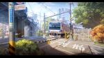 blue_sky building city cityscape clouds commentary day gate highres kuroha_(pixiv91542816) no_humans original outdoors power_lines railroad_crossing railroad_tracks road scenery shadow sky skyscraper train translation_request utility_pole 