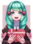  1girl box box_of_chocolates drill_hair fire_emblem fire_emblem:_three_houses flayn_(fire_emblem) green_eyes green_hair hair_ornament hairclip happy_valentine highres holding holding_box looking_at_viewer miran_(olivine_20) open_mouth swept_bangs teeth turtleneck twin_drills upper_teeth_only 