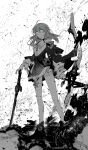  1girl ahoge ankle_boots aqua_eyes artist_name bare_legs boots bow breasts buttons camera chinese_commentary choker closed_mouth collarbone expressionless full_body greyscale hair_between_eyes hand_on_hilt highres honkai:_star_rail honkai_(series) jdb_moon long_sleeves looking_at_viewer march_7th_(honkai:_star_rail) medium_hair miniskirt monochrome planted planted_sword pleated_skirt ruins serious skirt small_breasts solo spot_color standing sword thigh_strap weapon 