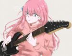  1girl ? blue_eyes bocchi_the_rock! commentary_request copyright_name cube_hair_ornament electric_guitar gloom_(expression) gotoh_hitori guitar hair_between_eyes hair_ornament highres holding holding_plectrum huzya_ta instrument jacket long_hair long_sleeves looking_at_viewer music one_side_up paper_texture parted_lips pink_hair pink_jacket playing_instrument plectrum sidelocks simple_background solo spoken_question_mark sweat twitter_username upper_body 