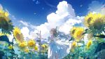  1girl absurdres aiha-deko arm_up bare_arms blue_sky clouds commentary_request cumulonimbus_cloud day dress field flower flower_field grey_eyes grey_hair hat highres long_hair looking_at_viewer looking_back original outdoors petals sign signature sky sleeveless sleeveless_dress smile solo standing straw_hat summer sun_hat sunflower white_dress 