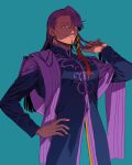  1boy blue_background cowboy_shot duryodhana_(fate) earrings facial_hair fate/grand_order fate_(series) goatee goatee_stubble hand_on_own_hip indian_clothes jewelry long_hair looking_at_viewer male_focus mature_male purple_hair sash shoulder_sash simple_background single_earring smile solo tnaym violet_eyes 