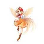  1girl :d animal_on_head bird bird_on_head bird_wings blonde_hair boots brown_footwear chick dress full_body game_cg highres looking_at_viewer multicolored_hair neckerchief niwatari_kutaka on_head open_mouth orange_dress red_neckerchief redhead rotte_(1109) short_sleeves simple_background smile solo tail_feathers third-party_source touhou touhou_lost_word two-tone_hair white_background wings yellow_eyes yellow_wings 