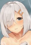  1girl bathroom blue_eyes grey_hair hair_ornament hair_over_one_eye hairpin hamakaze_(kancolle) highres kantai_collection looking_at_viewer medium_hair nude open_mouth shower_head smile solo wasavi_8 