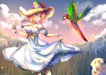  1girl :d animal animal_on_head artist_name bare_shoulders bird bird_on_hand bird_on_head blue_eyes camera camera_around_neck clouds commentary detached_sleeves doki_doki_literature_club dress english_commentary grass hair_between_eyes hat on_head open_mouth outdoors parrot pink_hair puffy_detached_sleeves puffy_sleeves sayori_(doki_doki_literature_club) short_hair skirt_hold smile solo sun_hat takuyarawr white_dress worm 