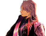  1boy armor black_shirt collared_shirt duryodhana_(fate) earrings embroidery facial_hair fate/grand_order fate_(series) goatee hair_ornament indian_clothes jewelry long_hair omttrtr purple_hair shawl shirt shoulder_armor simple_background violet_eyes white_background 