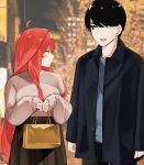  1boy 1girl :d ahoge arms_at_sides bag black_coat black_hair black_skirt blue_shirt blurry blurry_background breasts brown_sweater christmas closed_mouth coat commentary couple cowboy_shot dating eyebrows_hidden_by_hair go-toubun_no_hanayome hair_between_eyes handbag hands_up hetero highres holding holding_bag large_breasts light_blush long_hair looking_at_another mame1645 nakano_itsuki nose open_mouth orange_eyes photo_background profile redhead shirt short_hair side-by-side sidelocks skirt sleeves_past_wrists smile standing sweater swept_bangs symbol-only_commentary uesugi_fuutarou very_long_hair winter_clothes 