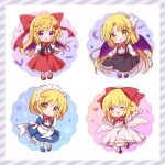  4girls angel_wings bat_wings black_skirt black_vest blonde_hair blue_dress blue_footwear blush bow buttons closed_mouth dress elis_(touhou) facial_mark fang gengetsu_(touhou) hair_bow highres holding holding_wand kurumi_(touhou) long_hair long_sleeves maid maid_headdress mugetsu_(touhou) multiple_girls one_eye_closed open_mouth pink_dress pointy_ears purple_wings red_bow red_footwear red_skirt shirt shoes short_hair short_sleeves skirt smile socks star_(symbol) touhou touhou_(pc-98) vest violet_eyes wand white_shirt white_socks white_wings wings yellow_eyes yurufuwa_milk 