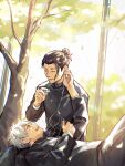  2boys arm_up black_hair black_jacket black_pants candy closed_eyes cowboy_shot day earphones food getou_suguru gojou_satoru hair_bun hair_pulled_back highres holding holding_food jacket jujutsu_kaisen jujutsu_tech_uniform lap_pillow long_sleeves looking_at_another lying male_focus multiple_boys on_back open_mouth outdoors pants profile school_uniform shared_earphones short_hair sitting smile tree white_hair yulicechan 