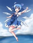  1girl :d barefoot blue_bow blue_dress blue_eyes blue_hair blue_sky bow cirno clenched_hand clouds collared_shirt commentary_request detached_wings dress full_body hair_bow highres ice ice_wings looking_at_viewer matelia open_mouth outdoors pinafore_dress shirt short_hair short_sleeves sky sleeveless sleeveless_dress smile solo touhou white_shirt wings 