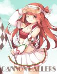 1girl beatmania cap flag hat red_eyes red_hair red_jacket twintails two_side_up umegiri_ameto