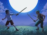 1boy 1girl aged_down artist_name blue_hair clouds cloudy_sky fighting_stance full_body full_moon grass green_hair highres holding holding_sword holding_weapon japanese_clothes katana kuina looking_at_another moon nakamurakleo night night_sky on_grass one_piece outdoors roronoa_zoro short_hair shorts sky smile standing star_(sky) sword teeth traditional_clothes weapon 