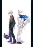  2boys 5_(toriaezu555) back-to-back bakugou_katsuki black_flower black_jacket black_pants black_rose black_shirt blonde_hair blue_flower blue_rose boku_no_hero_academia bouquet brown_footwear brown_shirt buttons closed_mouth collared_shirt commentary_request dress_shirt expressionless flower full_body hair_between_eyes hand_in_pocket holding holding_bouquet jacket long_sleeves male_focus multicolored_hair multiple_boys open_clothes open_jacket pants pillarboxed profile red_eyes redhead rose shirt shoes short_hair simple_background spiky_hair split-color_hair standing todoroki_shouto two-tone_hair v-shaped_eyebrows white_background white_flower white_hair white_jacket white_pants white_rose wing_collar 