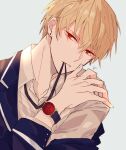  1boy biting blonde_hair collared_shirt commentary_request earrings fate/grand_order fate_(series) gilgamesh_(fate) hand_up highres jewelry lapels long_sleeves looking_at_viewer male_focus notched_lapels red_eyes shirt short_hair shu_(oshigoto_boshuuchuu) signature simple_background solo teeth upper_body watch watch white_shirt 