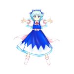  1girl blue_bow blue_dress blue_eyes blue_hair bow cirno closed_mouth dress embodiment_of_scarlet_devil full_body game_cg hair_bow highres looking_at_viewer puffy_short_sleeves puffy_sleeves rotte_(1109) short_hair short_sleeves simple_background smile socks solo third-party_source touhou touhou_lost_word white_background white_socks 