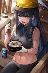  1girl bare_shoulders black_hair blue_archive blue_eyes blush can colorless_(shachiwhitebb) eating food gloves hardhat helmet highres holding holding_food long_hair looking_at_viewer midriff open_mouth saori_(blue_archive) soda_can spoon sweatdrop teeth upper_teeth_only 