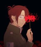  1other aquiline_nose brown_hair commentary covering_one_eye flower glasses green_jacket hange_zoe hanpetos holding holding_flower jacket other_focus ponytail portrait red_eyes shingeki_no_kyojin smile solo survey_corps_(emblem) 