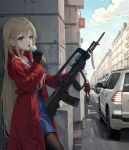  1girl assault_rifle bayonet blonde_hair blue_dress blue_eyes bullpup car coat commentary day dress english_commentary famas famas_(girls&#039;_frontline) food girls_frontline greyscale gun highres holding holding_food holding_gun holding_ice_cream holding_weapon ice_cream long_hair long_sleeves monochrome motor_vehicle open_clothes open_coat open_mouth outdoors red_coat rifle solo standing takemori_kohoto very_long_hair weapon 
