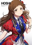  1girl aiguillette ayano_yuu_(sonma_1426) blue_necktie blush bow brown_eyes brown_hair buttons clenched_hand closed_mouth collared_shirt cowboy_shot hair_bow hand_up highres idol idol_clothes idolmaster idolmaster_million_live! jacket kitazawa_shiho long_hair looking_at_viewer necktie open_clothes open_jacket parted_bangs plaid plaid_jacket plaid_skirt puffy_short_sleeves puffy_sleeves red_jacket red_skirt shirt short_sleeves sidelocks simple_background skirt smile solo v-shaped_eyebrows watermark white_background white_shirt wrist_cuffs 