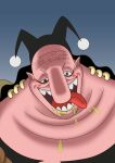  1boy absurdres big_nose black_hair black_headwear colored_skin facial_mark grin hat highres jester_cap long_hair male_focus one_piece open_mouth pink_skin smile solo taka100702 teeth tongue tongue_out vasco_shot 