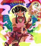  1girl ace_attorney black_hair bridal_gauntlets collared_dress dark-skinned_female dark_skin detached_sleeves diadem dress facial_mark gem green_eyes hair_ribbon hair_rings holding holding_staff jewelry long_sleeves looking_at_viewer ministarfruit multicolored_background necklace parted_lips pink_dress rayfa_padma_khura&#039;in red_gemstone ribbon sandals short_dress sidelocks sitting sleeveless sleeveless_dress smoke solo staff 