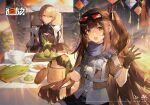  2girls artist_request bamboo_steamer blonde_hair brown_hair chinese_commentary commentary_request copyright_name dragon_boat_festival food girls&#039;_frontline_2:_exilium girls_frontline gloves goggles goggles_on_head highres long_hair looking_at_viewer mayling_shen_(girls&#039;_frontline_2) multiple_girls official_art one_side_up open_mouth ots-14_(girls&#039;_frontline) purple_scarf rice scarf smile table waving zongzi 