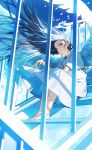  1girl angel angel_wings bird black_hair blue_eyes blue_sky closed_mouth day dress feathered_wings halo highres long_hair looking_at_viewer on_(onon2659) original outdoors railing sitting sitting_on_stairs sky smile solo stairs white_dress wings 