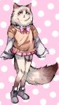  absurdres animal_ears bow brown_sweater cat_ears cat_girl cat_tail furry furry_female garter_belt highres hyuni_(character) molina pink_background pink_bow pink_skirt school_uniform skirt sweater tail whiskers 