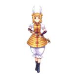  1girl armor armored_dress black_footwear blonde_hair closed_mouth double_bun dress full_body game_cg hair_bun hair_ribbon haniwa_(statue) highres holding holding_sword holding_weapon joutouguu_mayumi looking_at_viewer ribbon rotte_(1109) short_hair simple_background solo sword third-party_source touhou touhou_lost_word v-shaped_eyebrows vambraces weapon white_background white_ribbon yellow_dress yellow_eyes 