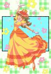  1990s_(style) 1girl :d absurdres breasts brown_hair crown dress earrings flower flower_earrings full_body gloves green_eyes hair_behind_ear highres jewelry long_dress looking_at_viewer medium_breasts one_eye_closed open_mouth orange_footwear pink_flower potiri02 princess_daisy retro_artstyle smile solo stretching super_mario_bros. white_gloves yellow_dress yellow_flower 