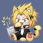  1boy animal_ear_fluff animal_ears animal_feet animal_hands black_jacket black_pants blonde_hair blush boku_no_hero_academia electricity highres huan_long jacket kaminari_denki kemonomimi_mode licking_self male_focus no_nose orange_eyes pants pawpads shirt sitting tail tiger_boy tiger_ears tiger_tail white_shirt 